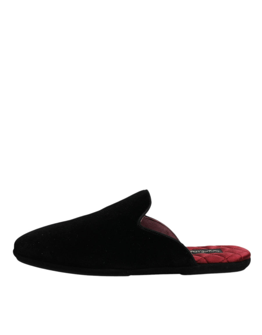 Dolce & Gabbana Black Viscose Velvet Slides Flat Slipper Shoes