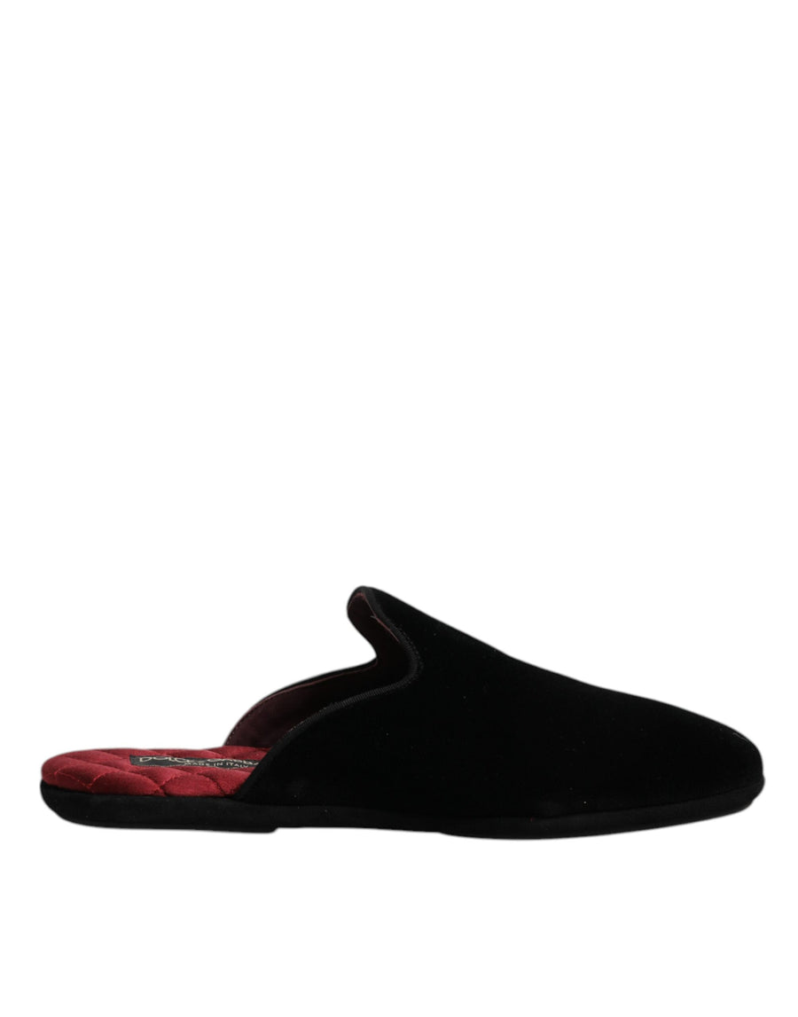 Dolce & Gabbana Black Viscose Velvet Slides Flat Slipper Shoes