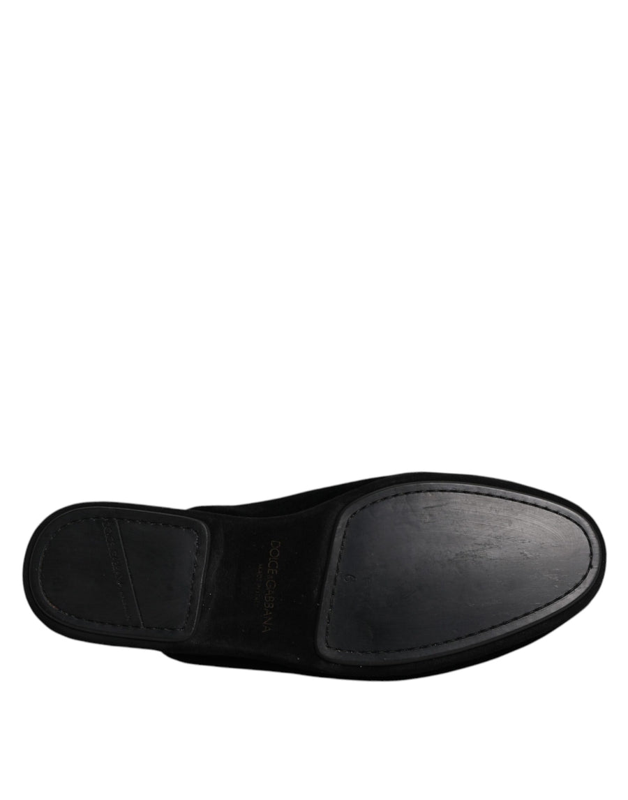 Dolce & Gabbana Black Viscose Velvet Slides Flat Slipper Shoes