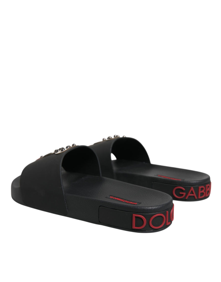 Dolce & Gabbana Black Leather Slides Sandals Beachwear Shoes