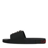 Dolce & Gabbana Black Leather Slides Sandals Beachwear Shoes