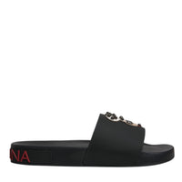 Dolce & Gabbana Black Leather Slides Sandals Beachwear Shoes