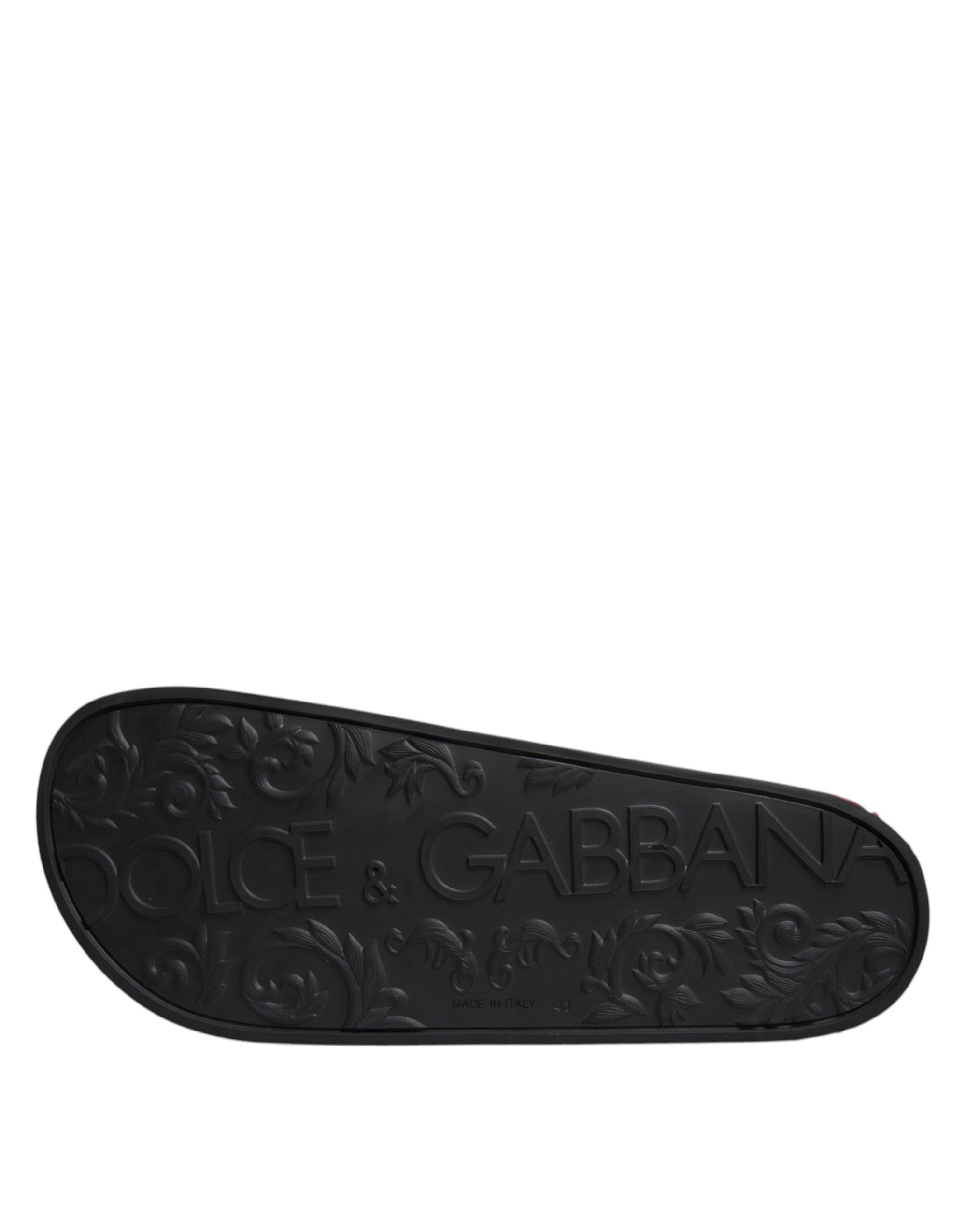 Dolce &amp; Gabbana Black Leather Slides Sandals Beachwear Shoes