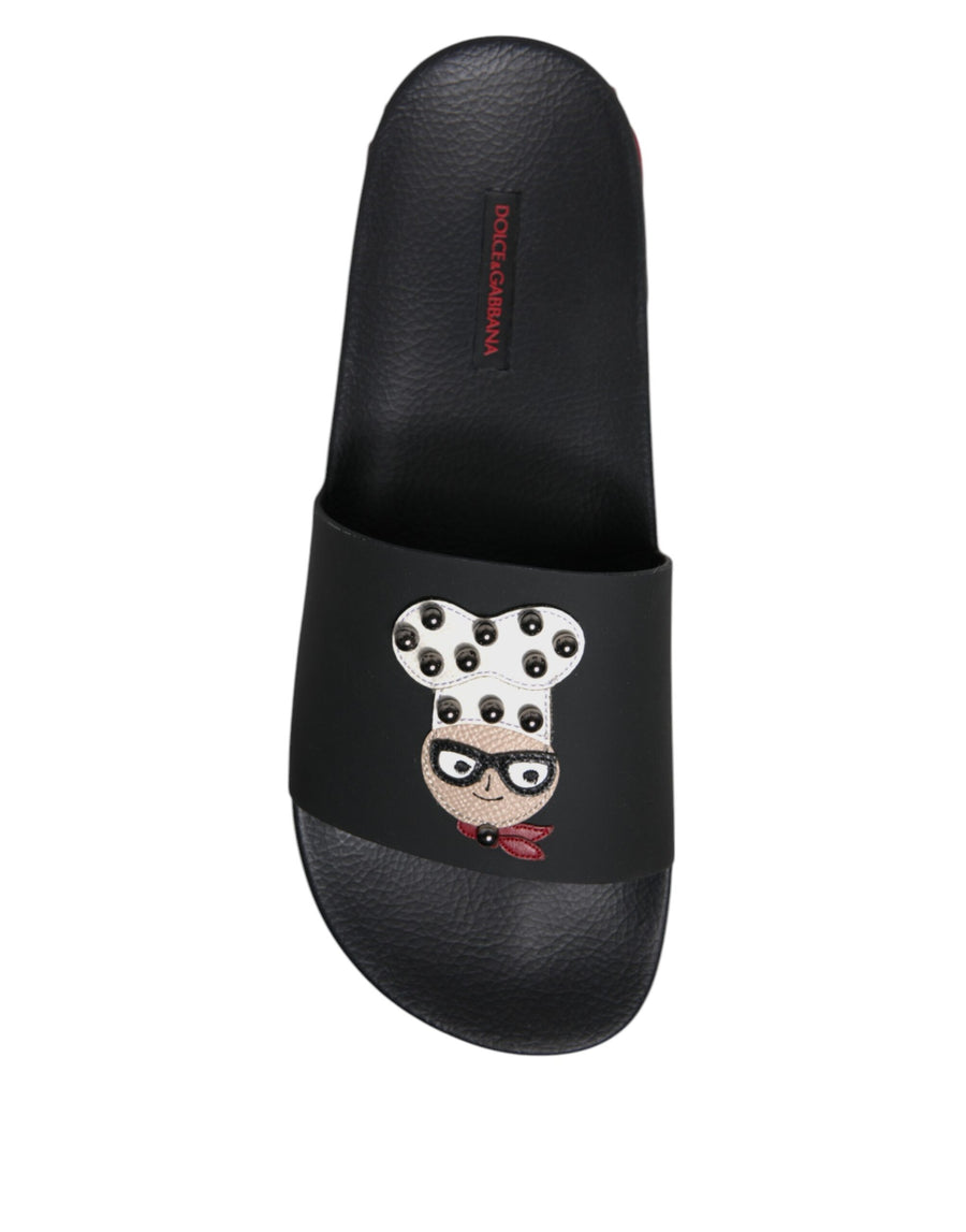 Dolce & Gabbana Black Leather Slides Sandals Beachwear Shoes