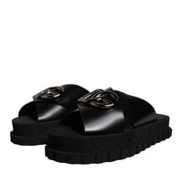 Dolce & Gabbana Black Leather DG Criss Cross Slides Sandals Shoes