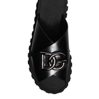 Dolce & Gabbana Black Leather DG Criss Cross Slides Sandals Shoes