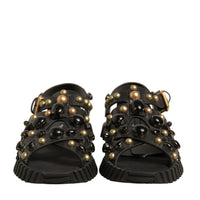 Dolce & Gabbana Black Leather Studded Slides Sandals Shoes