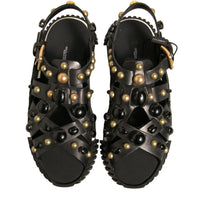 Dolce & Gabbana Black Leather Studded Slides Sandals Shoes