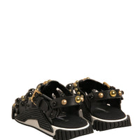 Dolce & Gabbana Black Leather Studded Slides Sandals Shoes