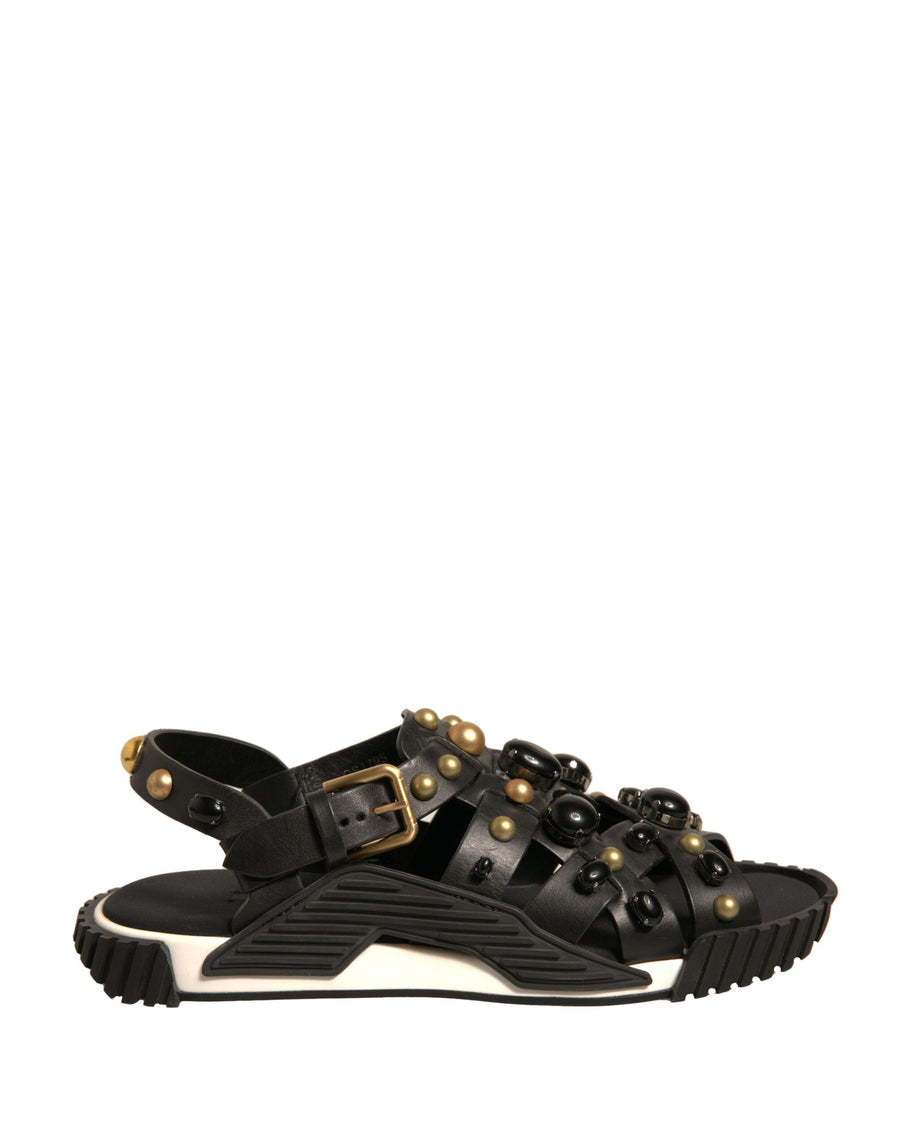 Dolce & Gabbana Black Leather Studded Slides Sandals Shoes