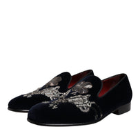 Dolce & Gabbana Black Velvet Floral Gun Loafers Dress Shoes