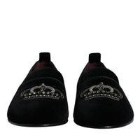 Dolce & Gabbana Black Velvet Crystal Crown Loafers Formal Dress Shoes