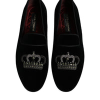 Dolce & Gabbana Black Velvet Crystal Crown Loafers Formal Dress Shoes