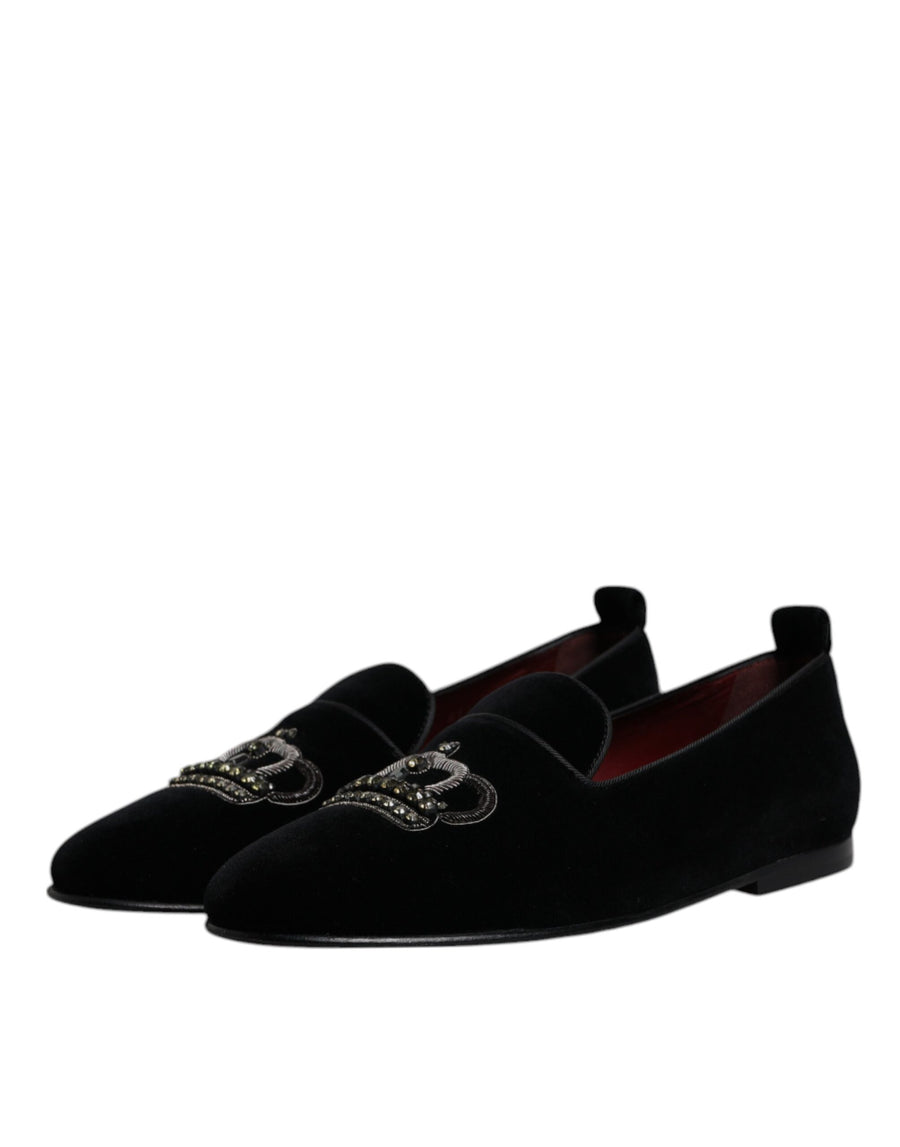 Dolce & Gabbana Black Velvet Crystal Crown Loafers Formal Dress Shoes