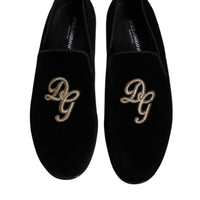 Dolce & Gabbana Black Velvet DG Logo Loafers Formal Shoes