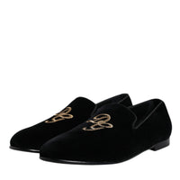 Dolce & Gabbana Black Velvet DG Logo Loafers Formal Shoes