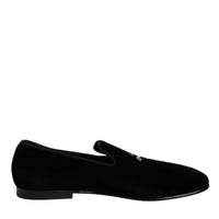 Dolce & Gabbana Black Velvet DG Logo Loafers Formal Shoes