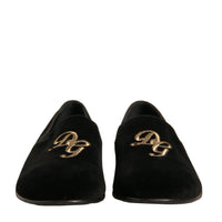 Dolce & Gabbana Black Velvet DG Logo Loafers Formal Shoes