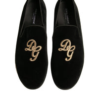 Dolce & Gabbana Black Velvet DG Logo Loafers Formal Shoes