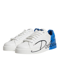 Dolce & Gabbana White Blue Portofino Leather Sneakers Shoes