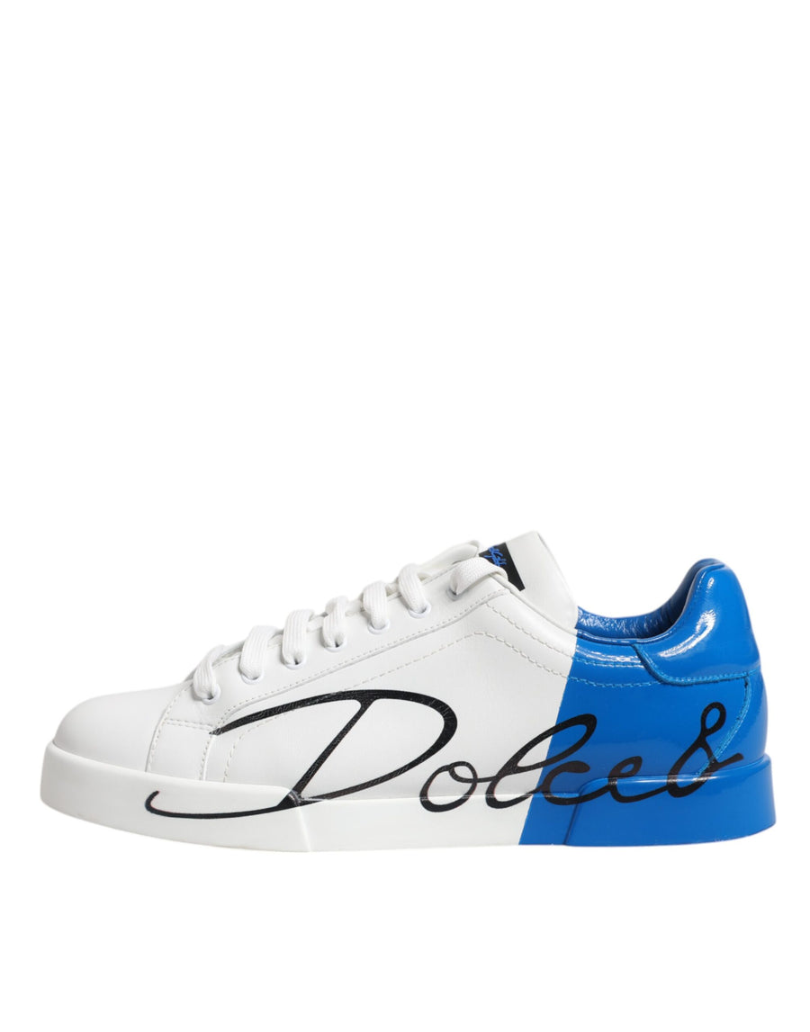 Dolce & Gabbana White Blue Portofino Leather Sneakers Shoes