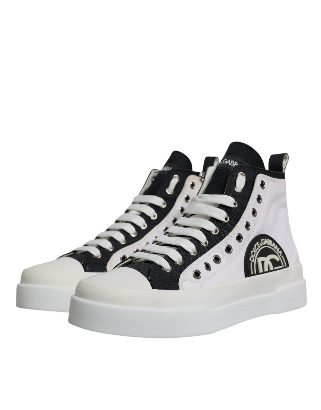 Dolce & Gabbana White Black Cotton High Top Sneakers Shoes