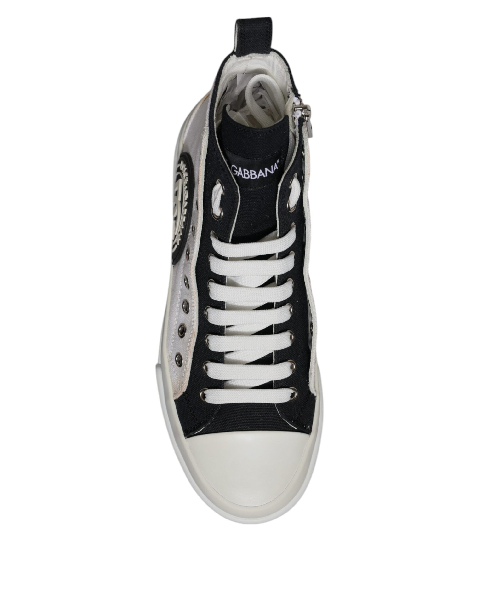 Dolce &amp; Gabbana White Black Cotton High Top Sneakers Shoes