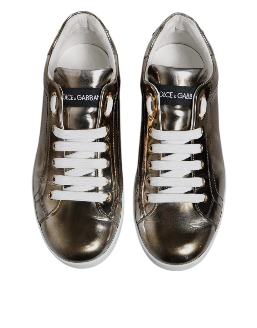 Dolce & Gabbana Silver Portofino Leather Sneakers Shoes