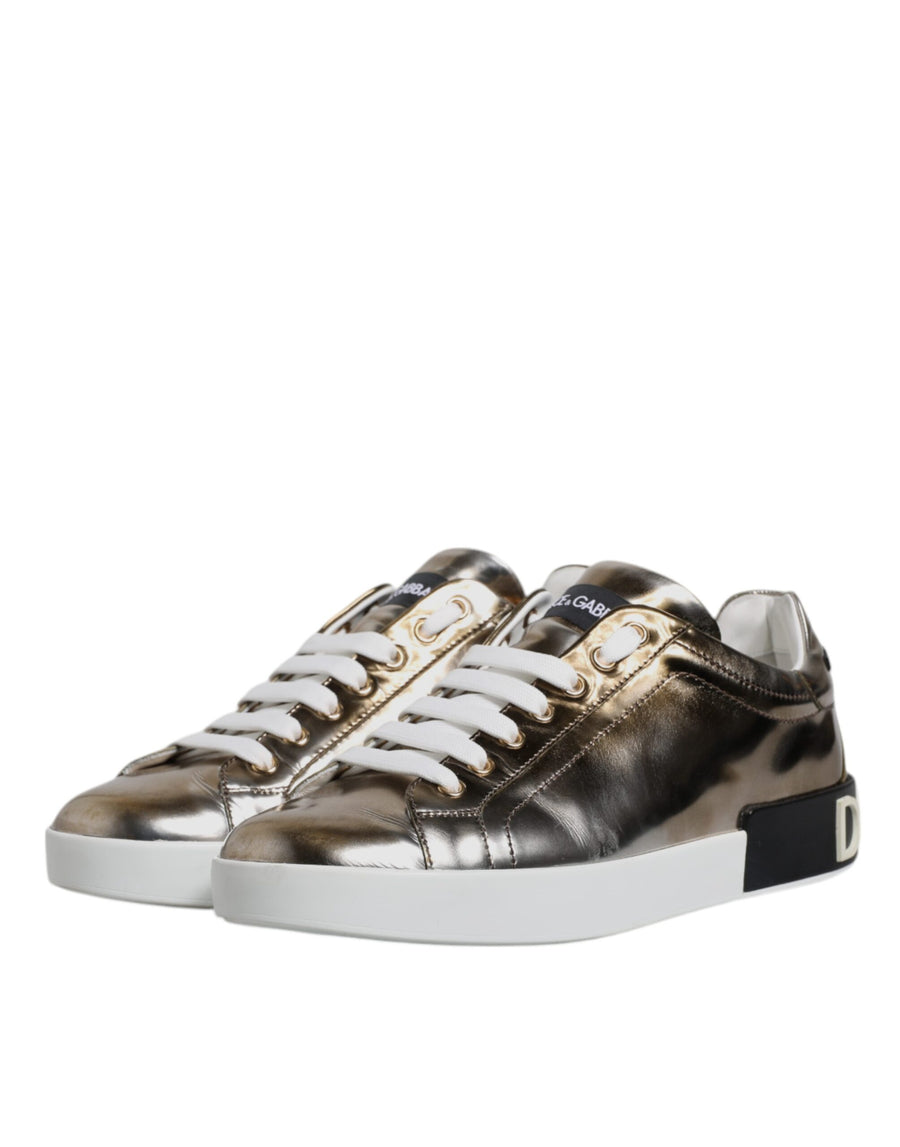 Dolce & Gabbana Silver Portofino Leather Sneakers Shoes