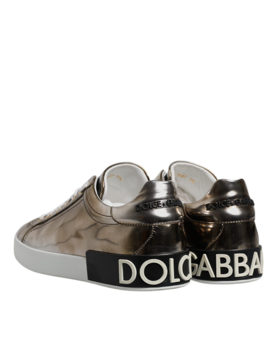 Dolce & Gabbana Silver Portofino Leather Sneakers Shoes