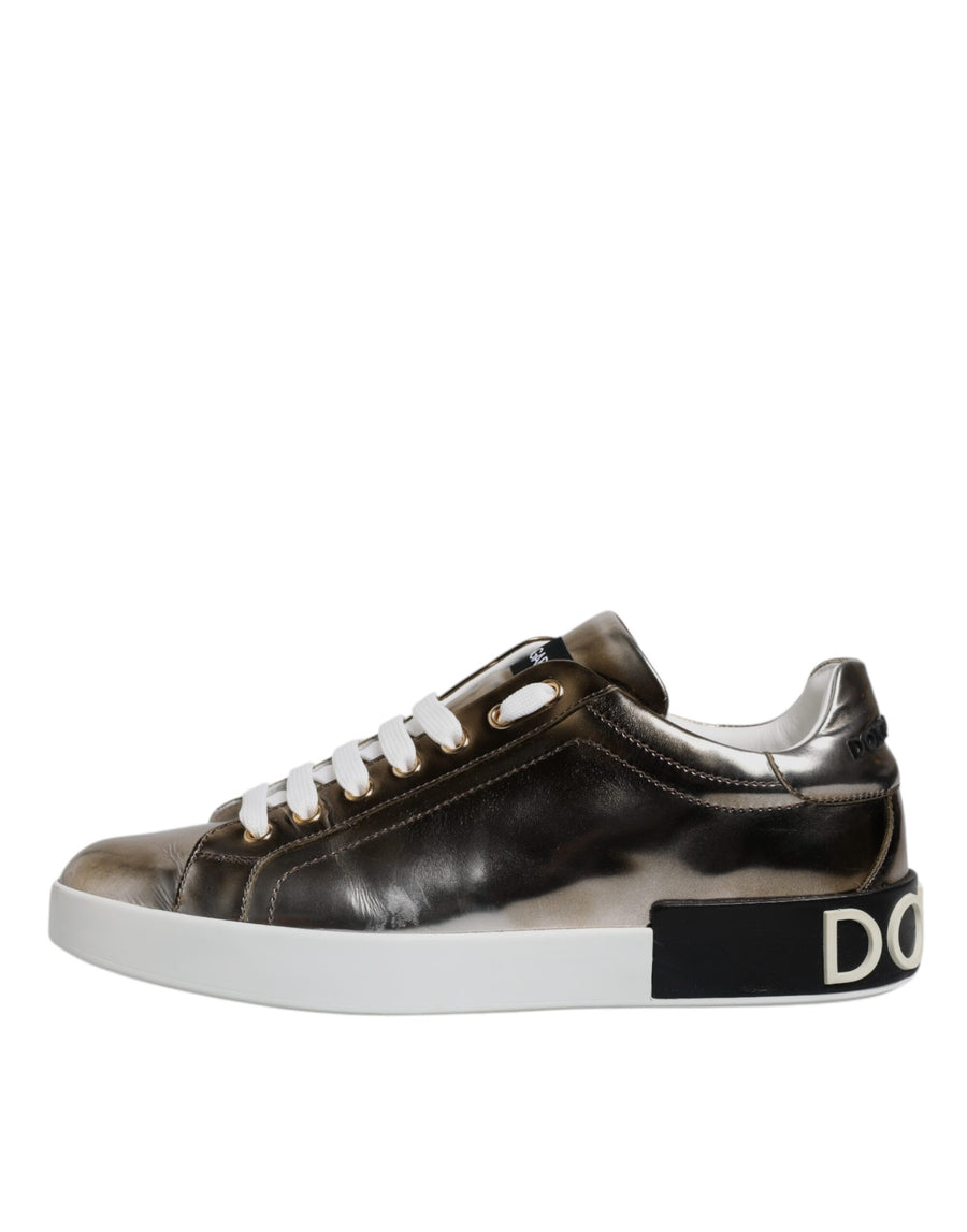 Dolce & Gabbana Silver Portofino Leather Sneakers Shoes