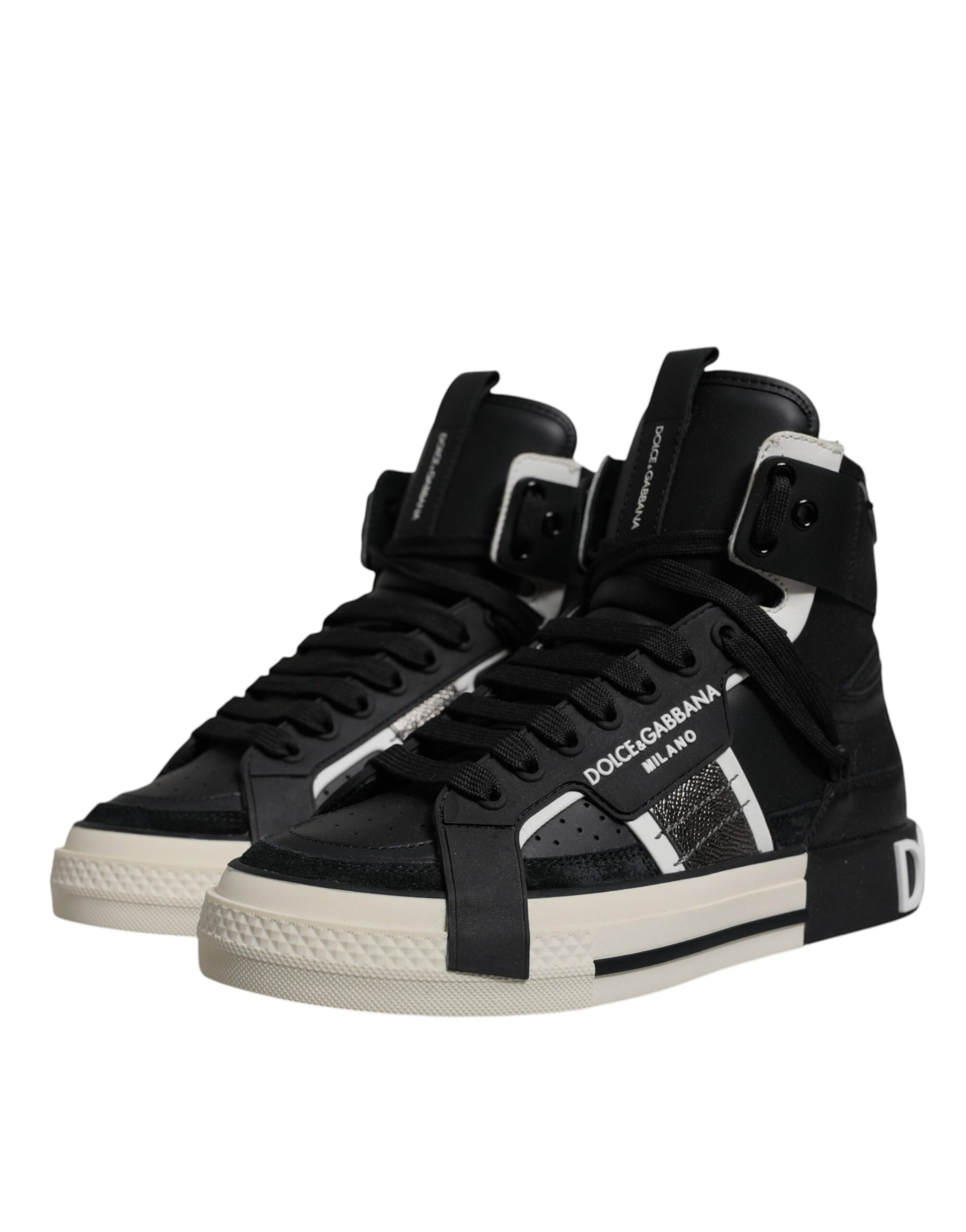 Dolce &amp; Gabbana Black Silver Leather High Top Sneaker Shoes