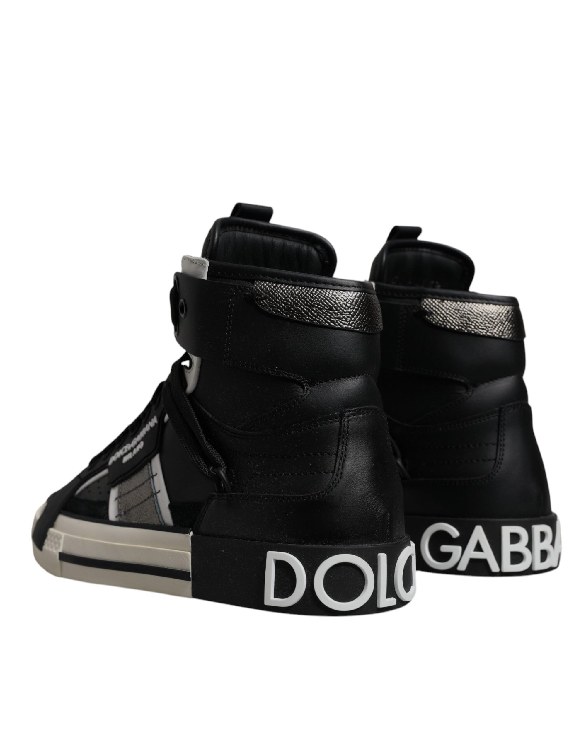 Dolce &amp; Gabbana Black Silver Leather High Top Sneaker Shoes