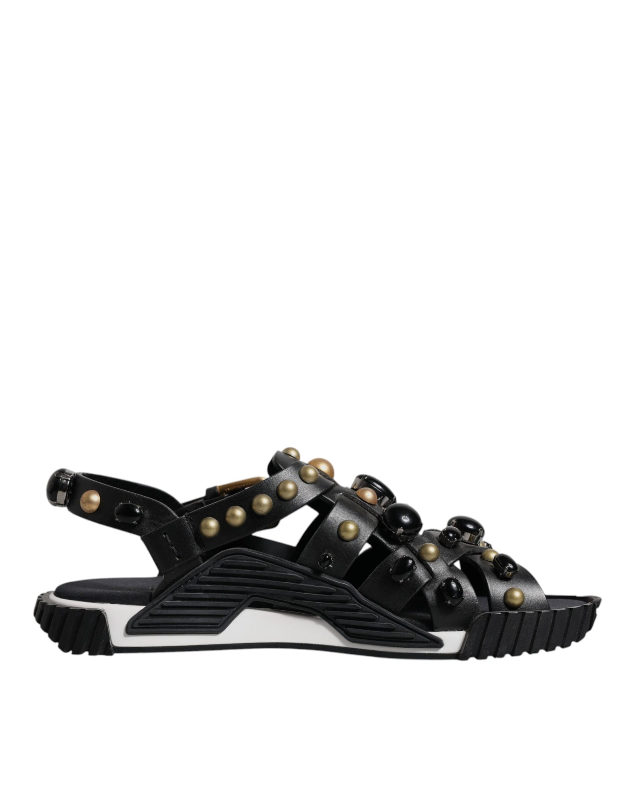 Dolce &amp; Gabbana Black Leather Studded Slides Sandals Shoes