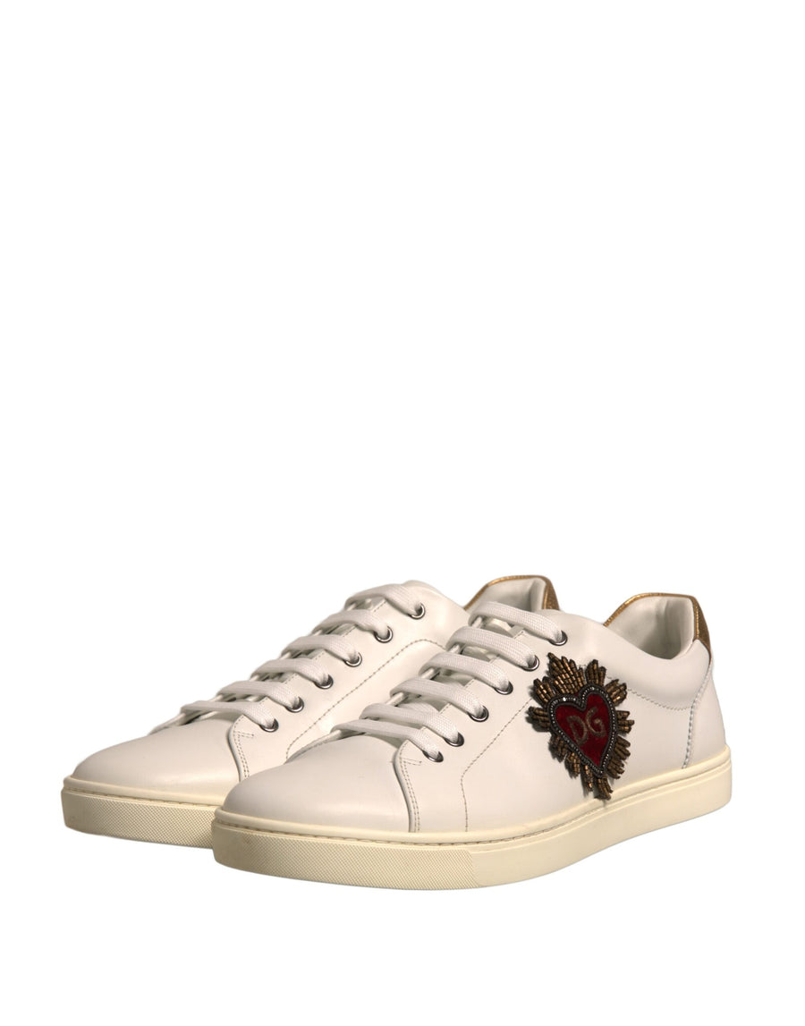 Dolce & Gabbana White Leather Heart Embellished Sneakers Shoes