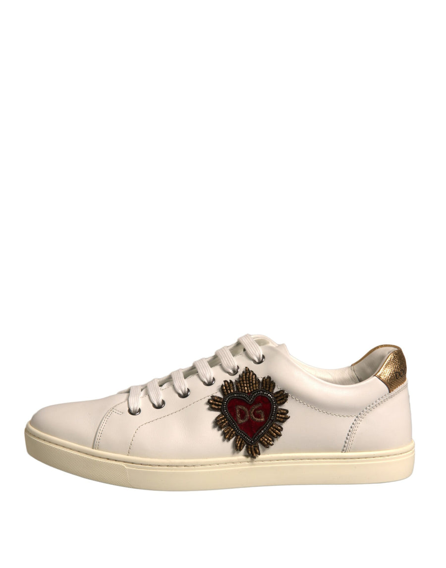 Dolce & Gabbana White Leather Heart Embellished Sneakers Shoes