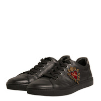 Dolce & Gabbana Black Leather Heart Embellished Sneakers Shoes