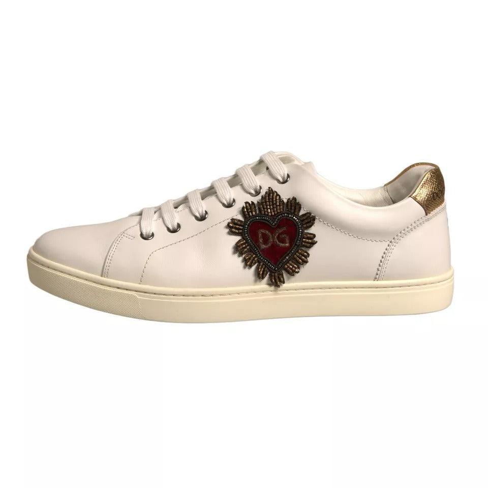 Dolce &amp; Gabbana White Leather Heart Embellished Sneakers Shoes