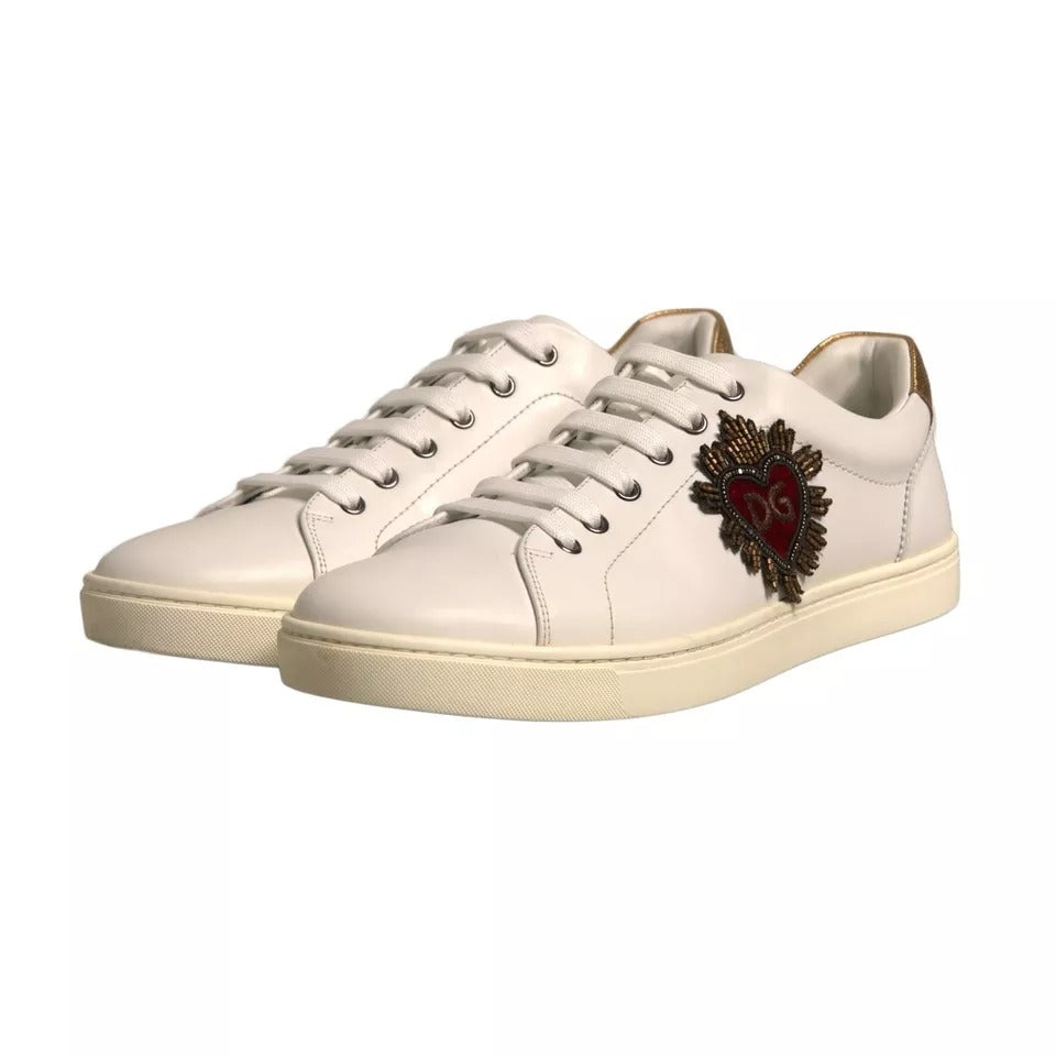 Dolce & Gabbana White Leather Heart Embellished Sneakers Shoes