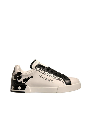 Dolce & Gabbana White Black Leather Crown Milano Sneakers Shoes