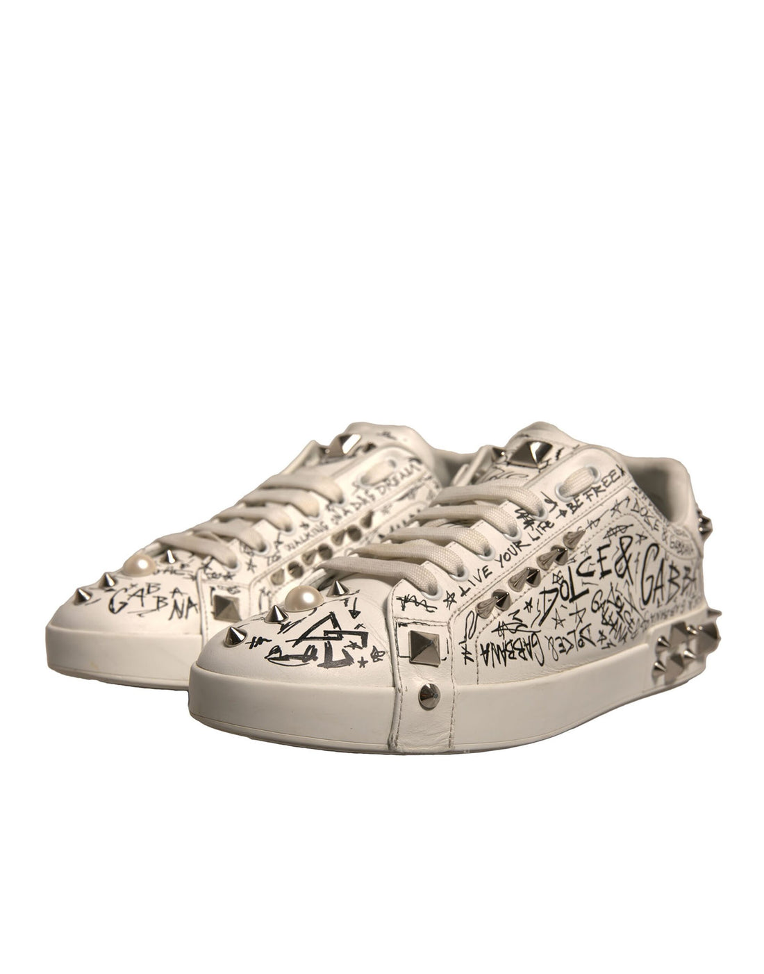 Dolce & Gabbana White Graffiti Studded Portofino Sneakers Shoes