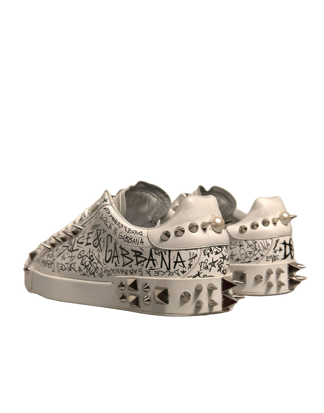 Dolce & Gabbana White Graffiti Studded Portofino Sneakers Shoes