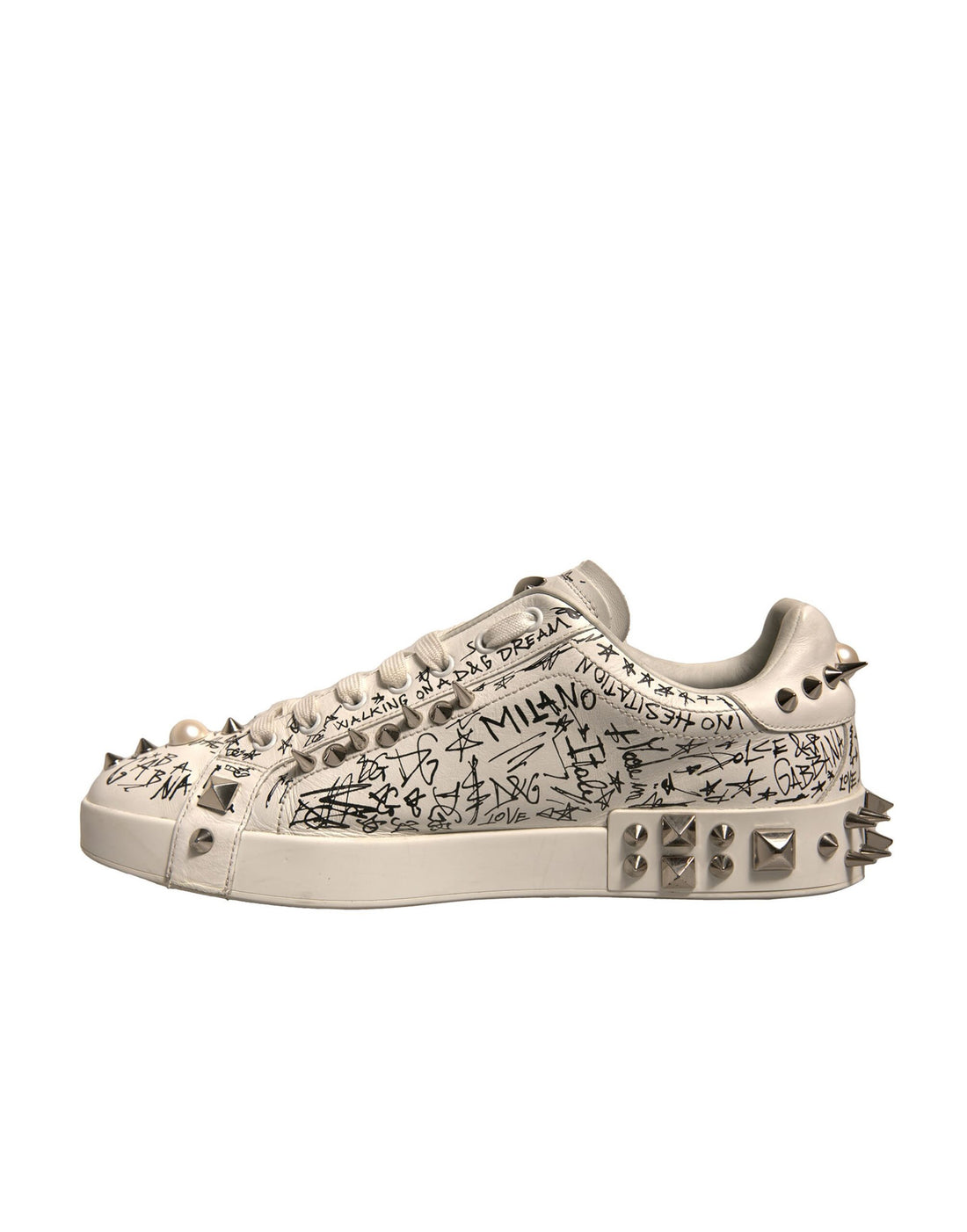 Dolce & Gabbana White Graffiti Studded Portofino Sneakers Shoes