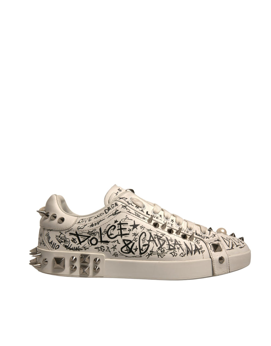 Dolce & Gabbana White Graffiti Studded Portofino Sneakers Shoes