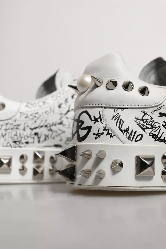 Dolce & Gabbana White Graffiti Studded Portofino Sneakers Shoes