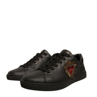 Dolce & Gabbana Black Leather Heart Embellished Sneakers Shoes