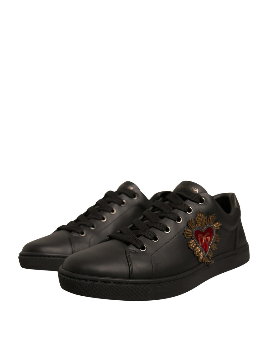 Dolce & Gabbana Black Leather Heart Embellished Sneakers Shoes