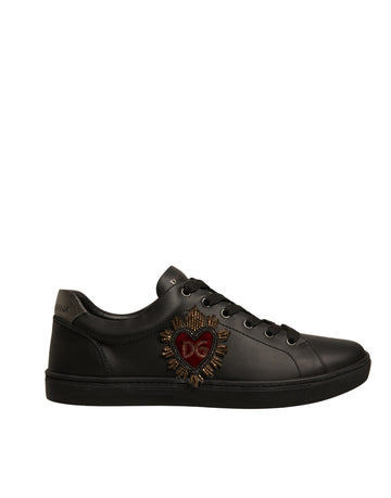 Dolce & Gabbana Black Leather Heart Embellished Sneakers Shoes