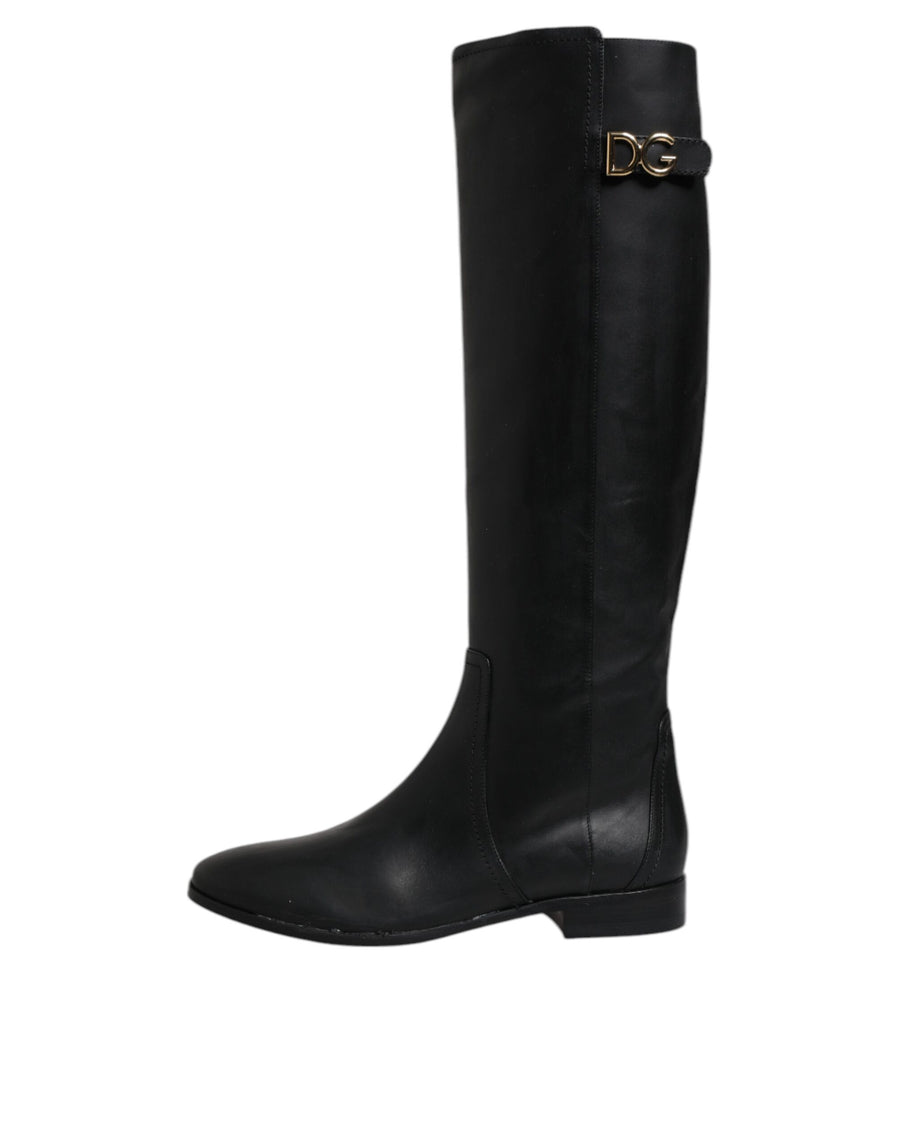 Dolce & Gabbana Black DG Logo Calf Leather High Boots Shoes