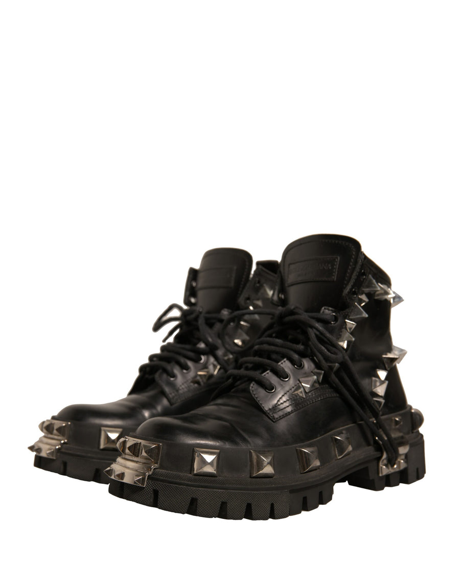 Dolce & Gabbana Black Leather Studded Trekking Boots Shoes